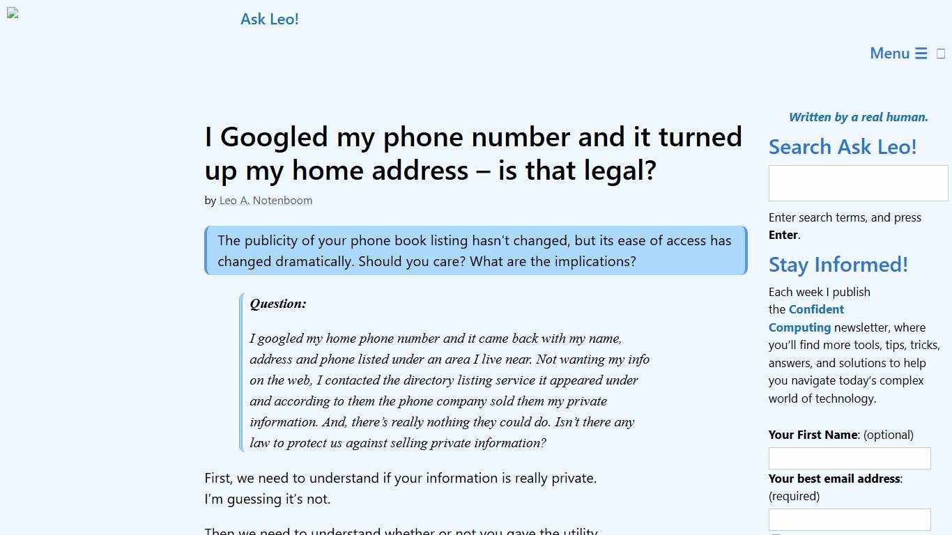 I Googled my phone number and it turned up my home address - is that legal? - Ask Leo!